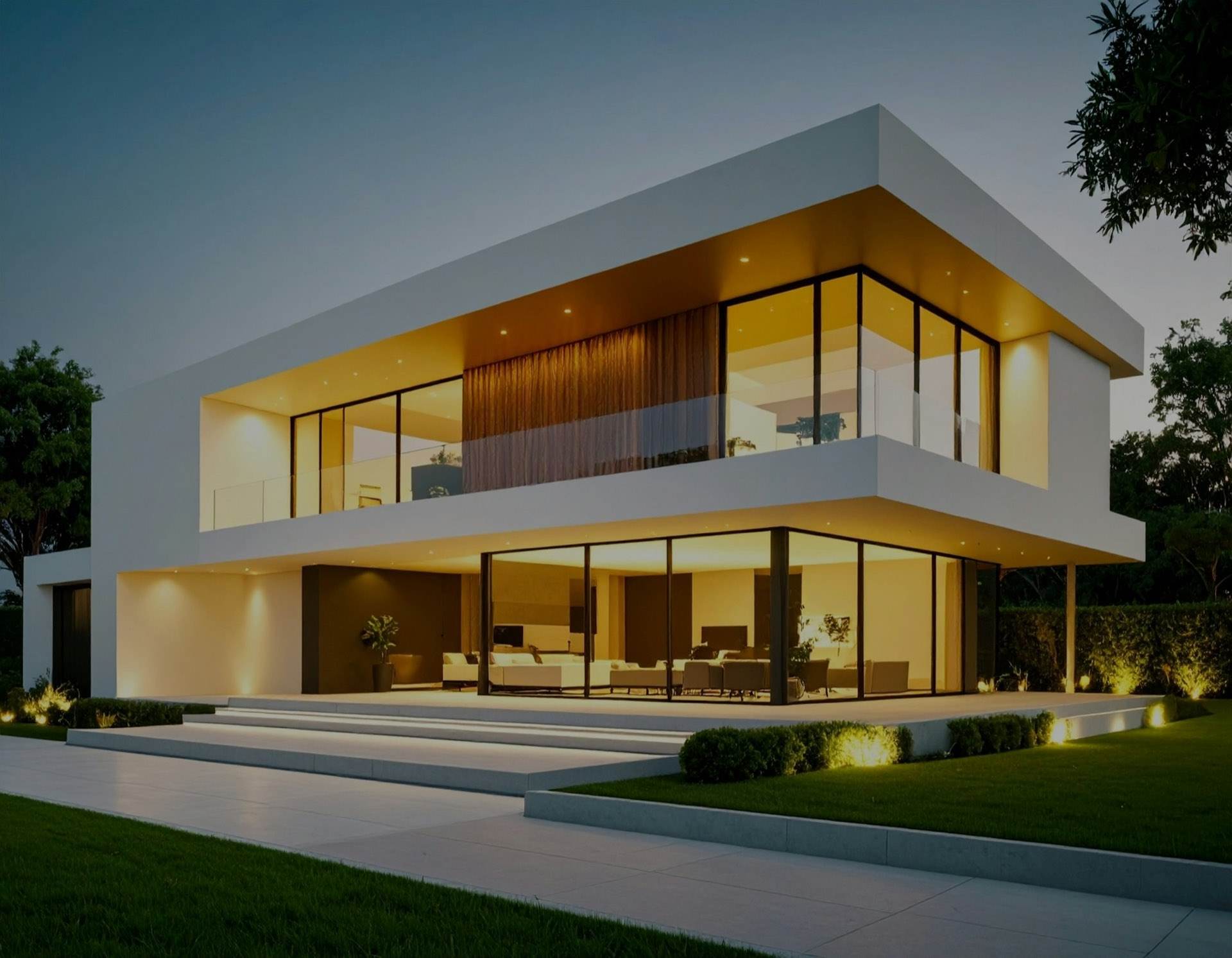 A modern luxury home glowing at dusk — premium residential real estate advisory